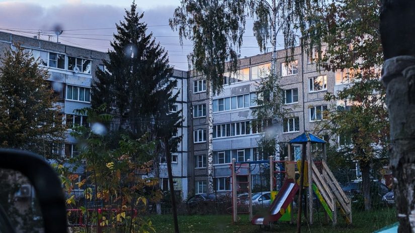 Apartment building with playground in front
